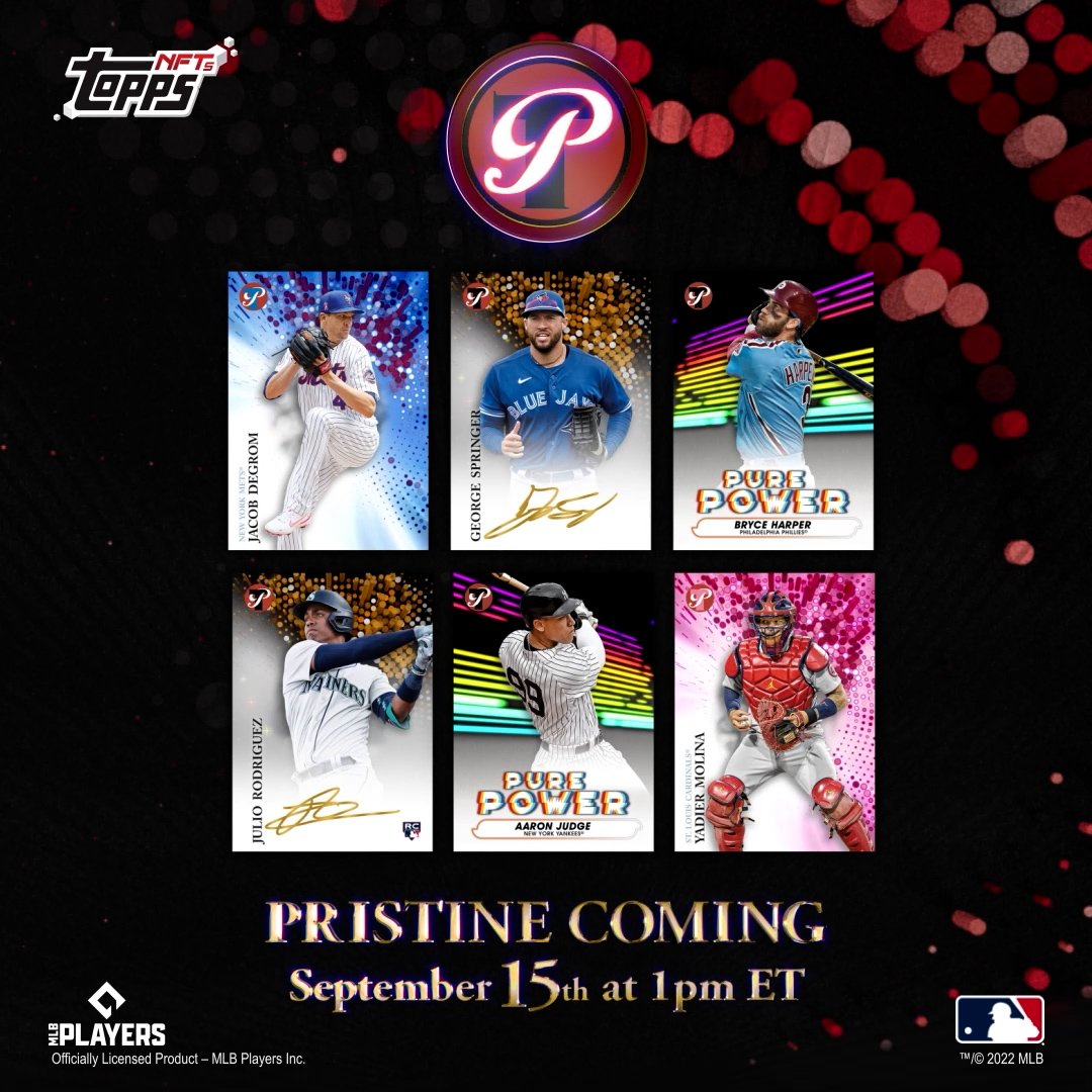 digital poster of the 2022 Pristine Baseball Topps NFT collection featuring six digital avatars